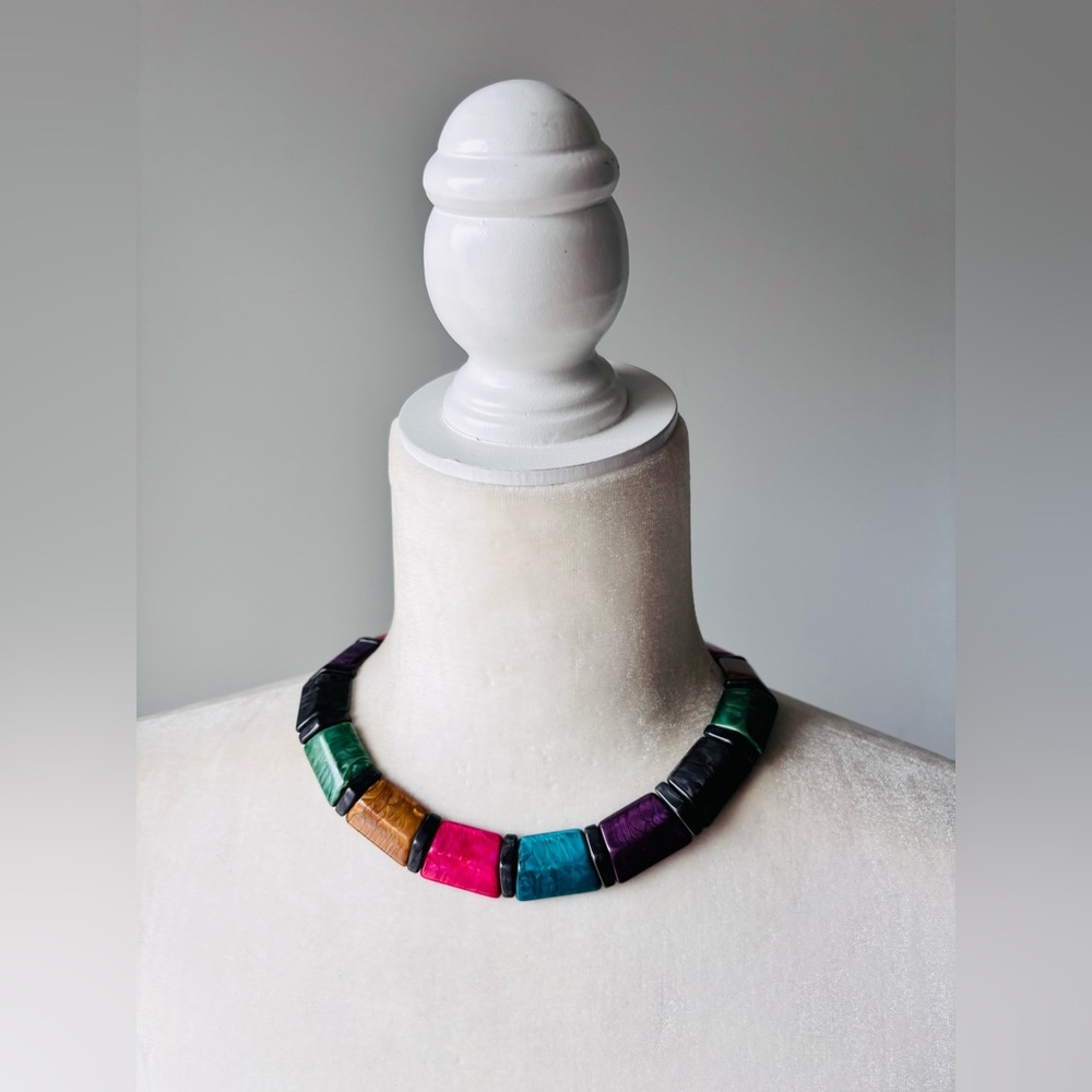 Vintage 80s Multicoloured Acrylic Choker Geometric Necklace 16”